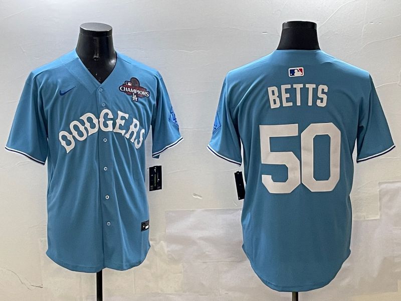 Men Los Angeles Dodgers #50 Betts Light Blue Throwback Game 2025 Nike MLB Jersey style 5